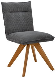 Grauer Stuhl mit gepolsterter Rückenlehne und Sitzfläche, Holzbeine in einem modernen Design, seitliche Perspektive
