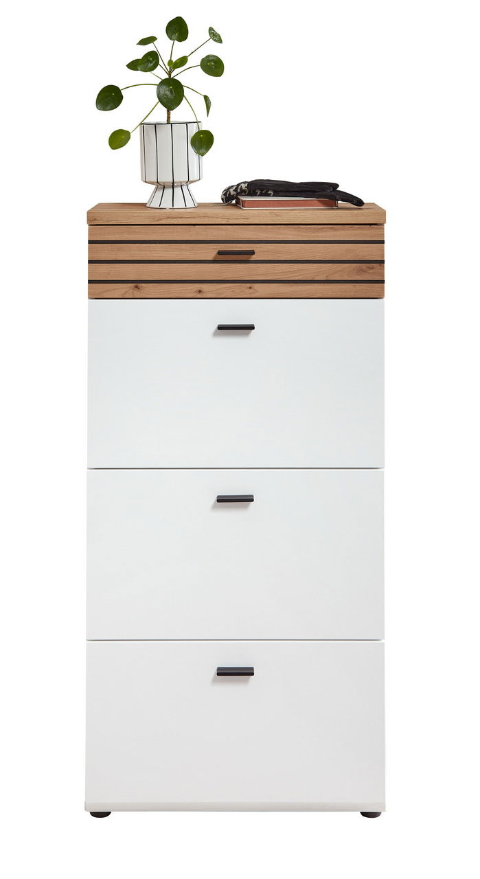 Schmaler Schuhschrank in Weiß mit Holzoberfläche, darauf eine Pflanze und Schlüssel, Frontalansicht.