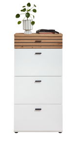 Schmaler Schuhschrank in Weiß mit Holzoberfläche, darauf eine Pflanze und Schlüssel, Frontalansicht.