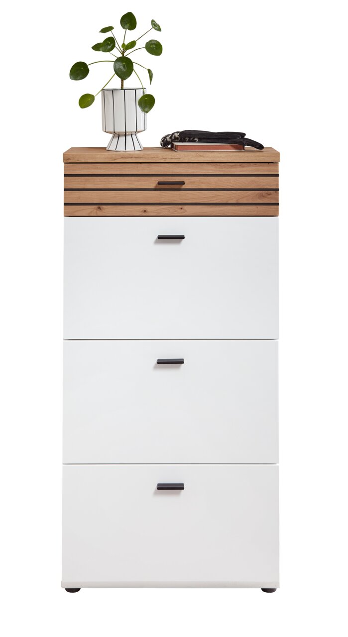 Schmaler Schuhschrank in Weiß mit Holzoberfläche, darauf eine Pflanze und Schlüssel, Frontalansicht.