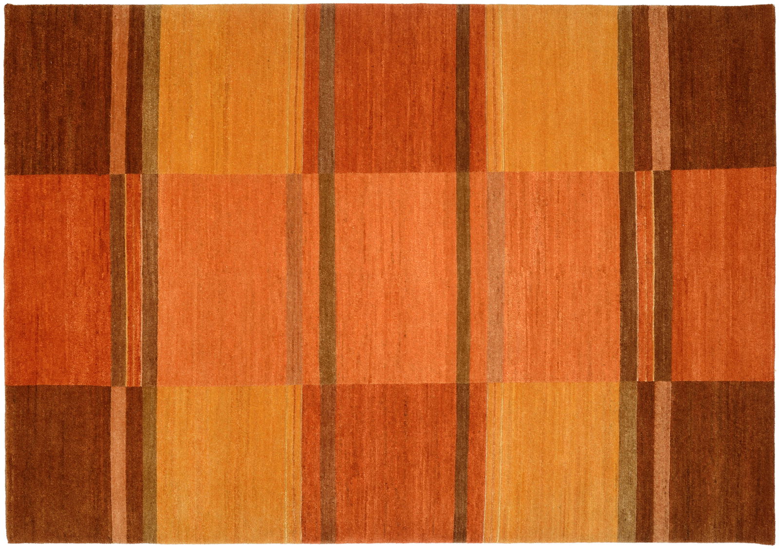 Teppich in warmen Orangetönen mit vertikalen und horizontalen Streifen, Draufsicht.