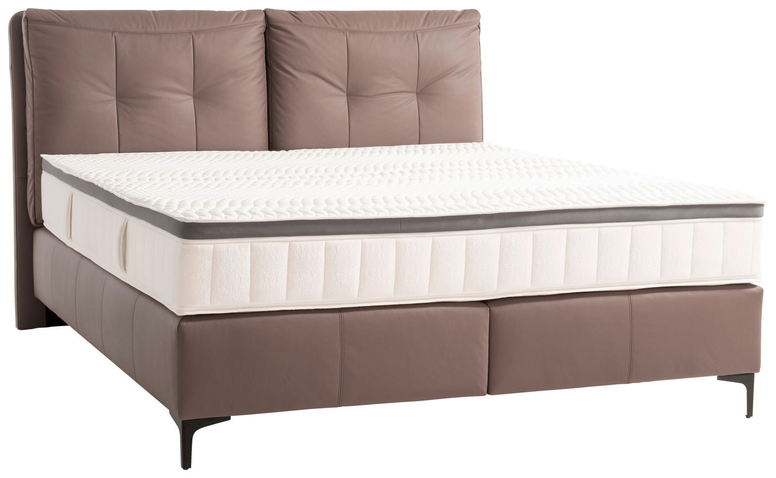 Boxspringbett mit braunem Kopfteil und weißer Matratze, seitliche Perspektive