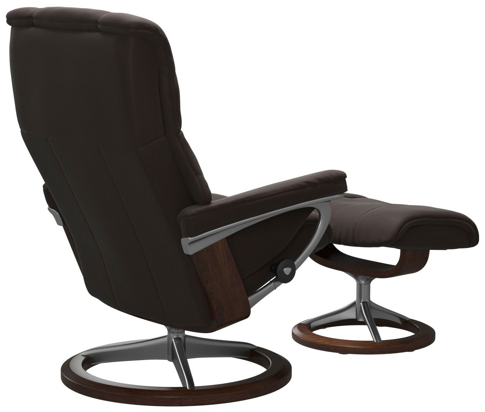 Rückansicht eines braunen Einzelsessels mit passendem Hocker, beide mit modernem Metall- und Holzgestell.