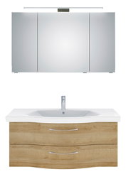 Moderner Badblock mit Spiegelschrank und Waschbeckenunterschrank in Holzoptik, Frontalansicht