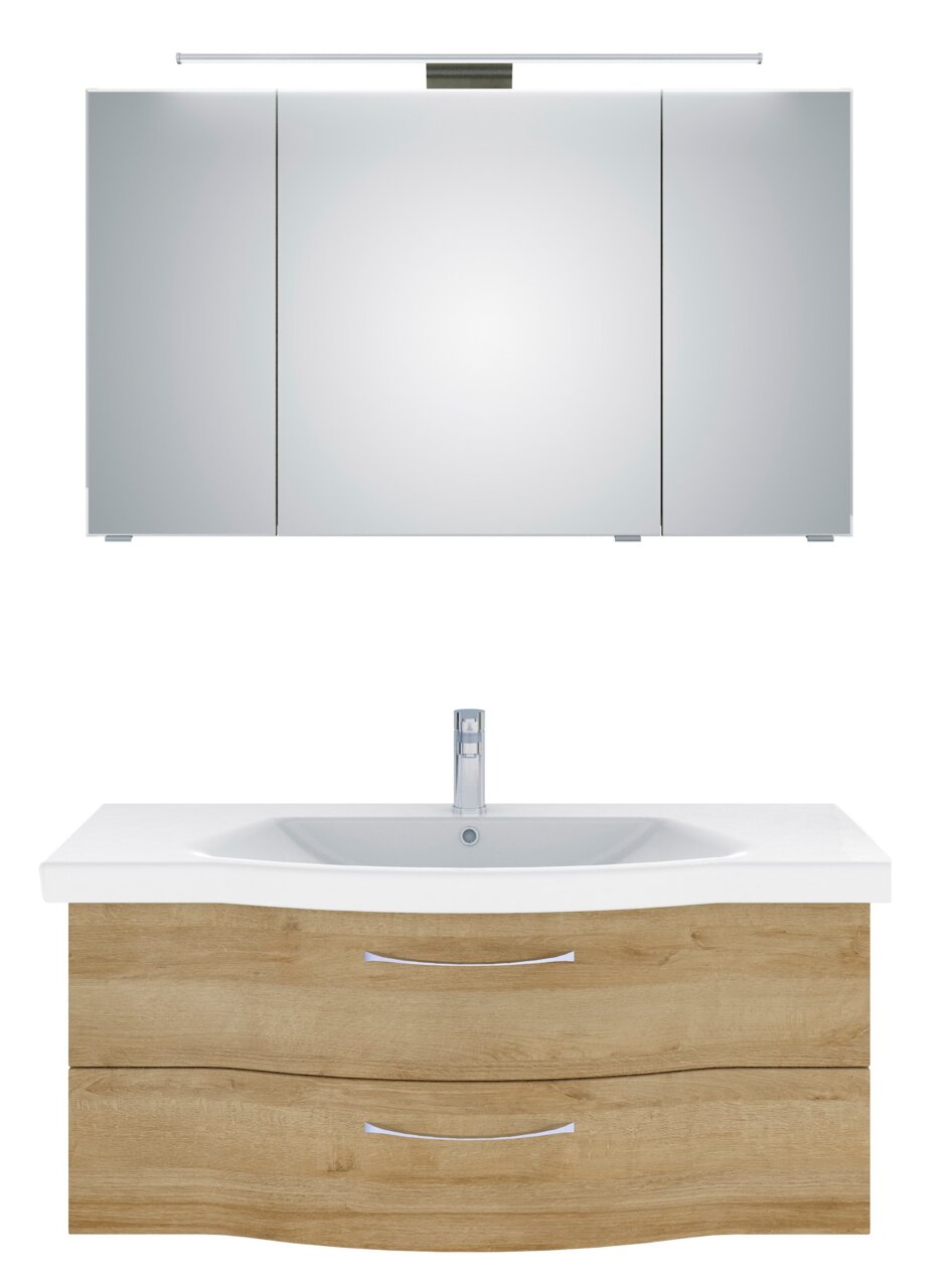 Moderner Badblock mit Spiegelschrank und Waschbeckenunterschrank in Holzoptik, Frontalansicht