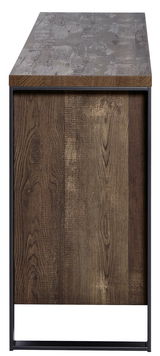 Seitenansicht eines Sideboards mit dunkler Holzmaserung und Metallrahmen.