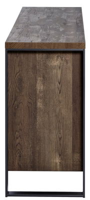 Seitenansicht eines Sideboards mit dunkler Holzmaserung und Metallrahmen.
