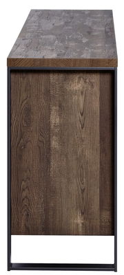 Seitenansicht eines Sideboards mit dunkler Holzmaserung und Metallrahmen.