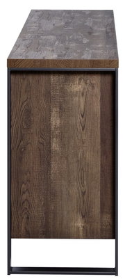 Seitenansicht eines Sideboards mit dunkler Holzmaserung und Metallrahmen.