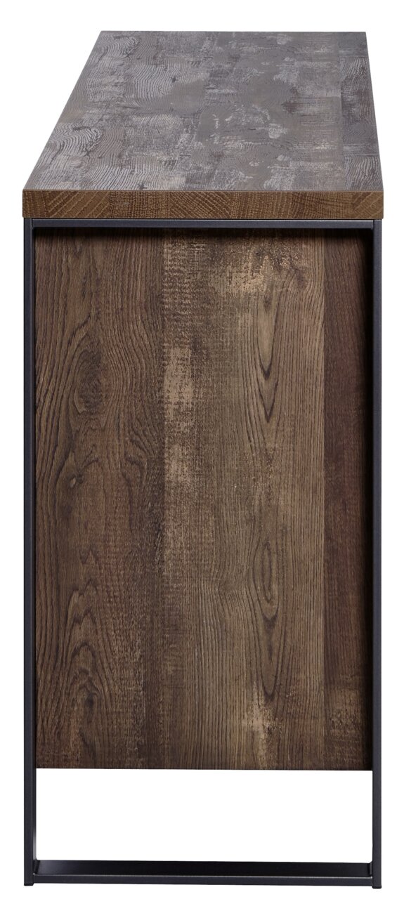 Seitenansicht eines Sideboards mit dunkler Holzmaserung und Metallrahmen.
