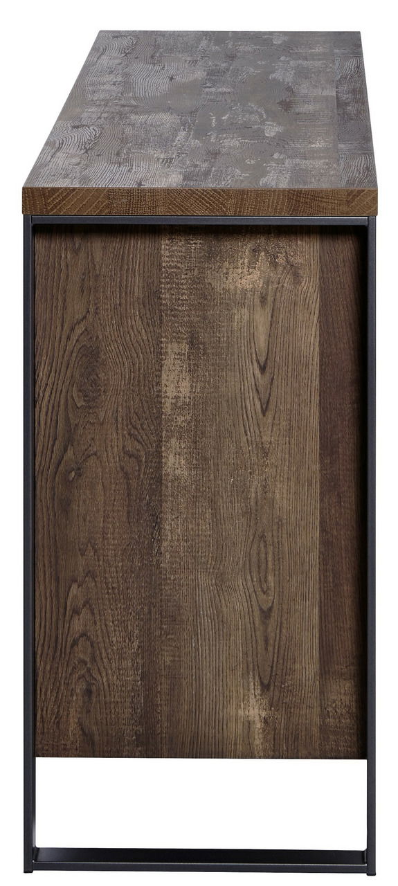 Seitenansicht eines Sideboards mit dunkler Holzmaserung und Metallrahmen.