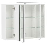 Weißer Badezimmerschrank mit drei Glastüren und Glasböden, teilweise geöffnet, aus frontaler Perspektive.