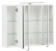 Weißer Badezimmerschrank mit drei Glastüren und Glasböden, teilweise geöffnet, aus frontaler Perspektive.