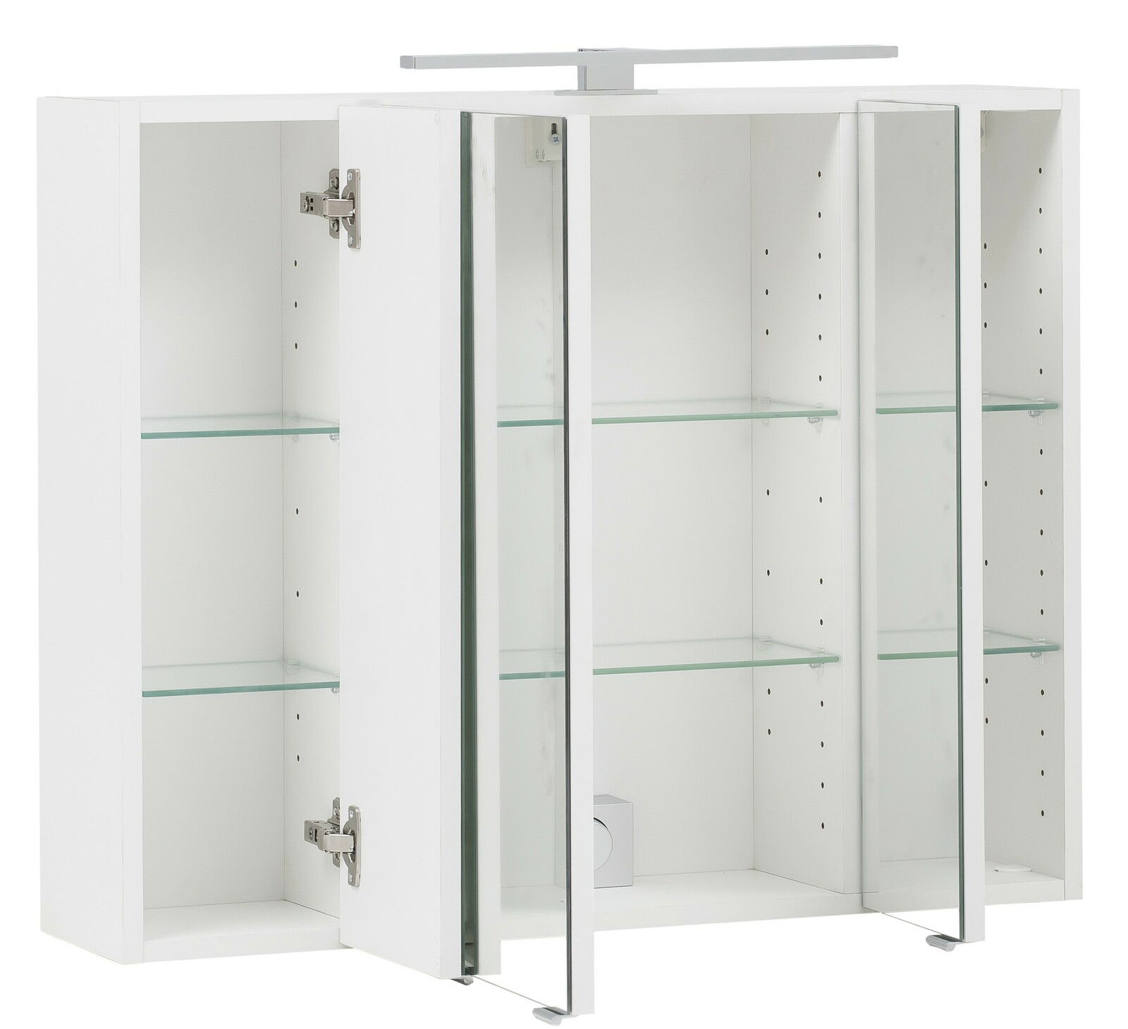 Weißer Badezimmerschrank mit drei Glastüren und Glasböden, teilweise geöffnet, aus frontaler Perspektive.