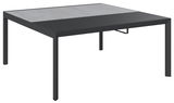 Moderner Gartentisch mit schwarzem Metallrahmen und grauer Tischplatte, seitliche Perspektive