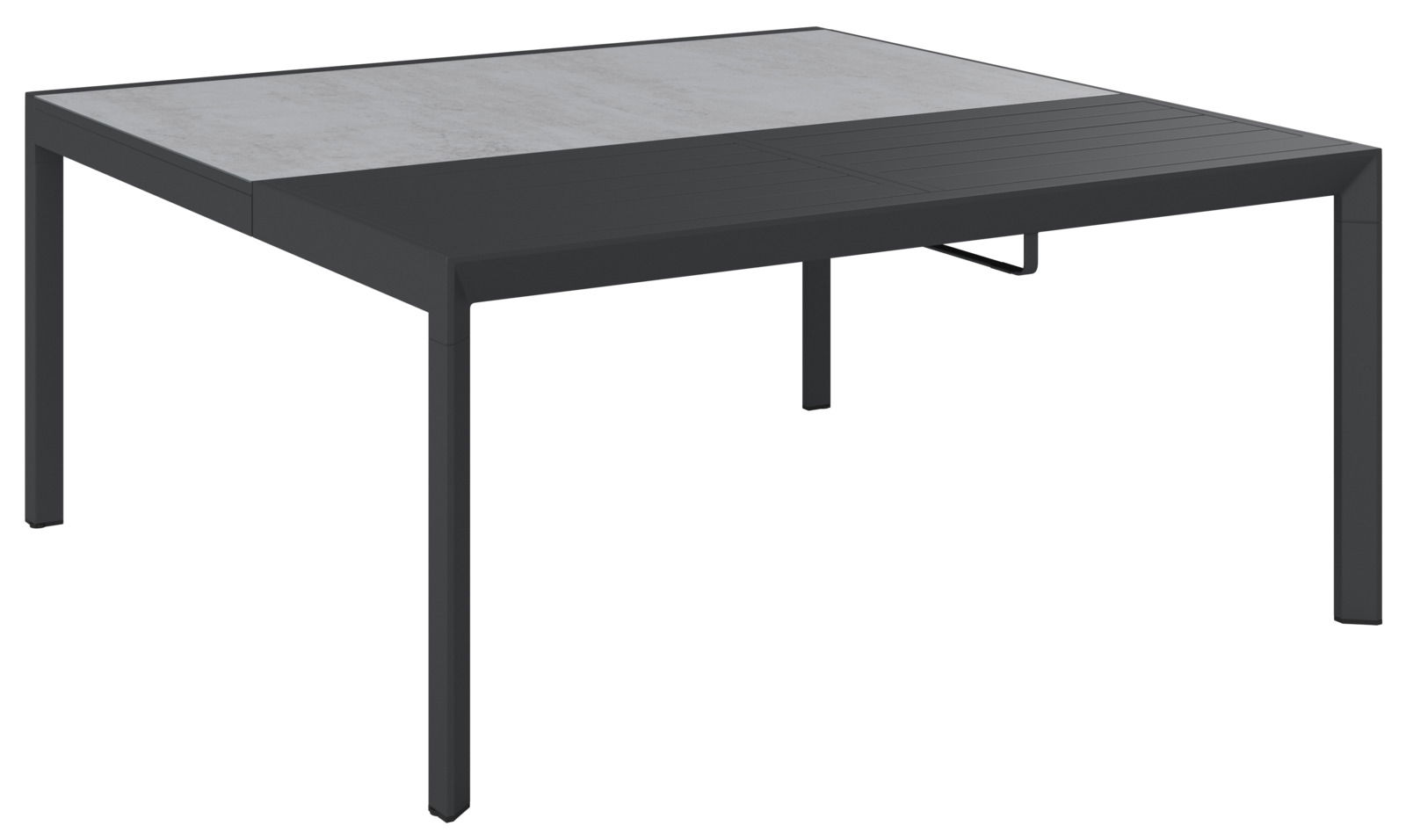 Moderner Gartentisch mit schwarzem Metallrahmen und grauer Tischplatte, seitliche Perspektive