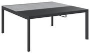 Moderner Gartentisch mit schwarzem Metallrahmen und grauer Tischplatte, seitliche Perspektive