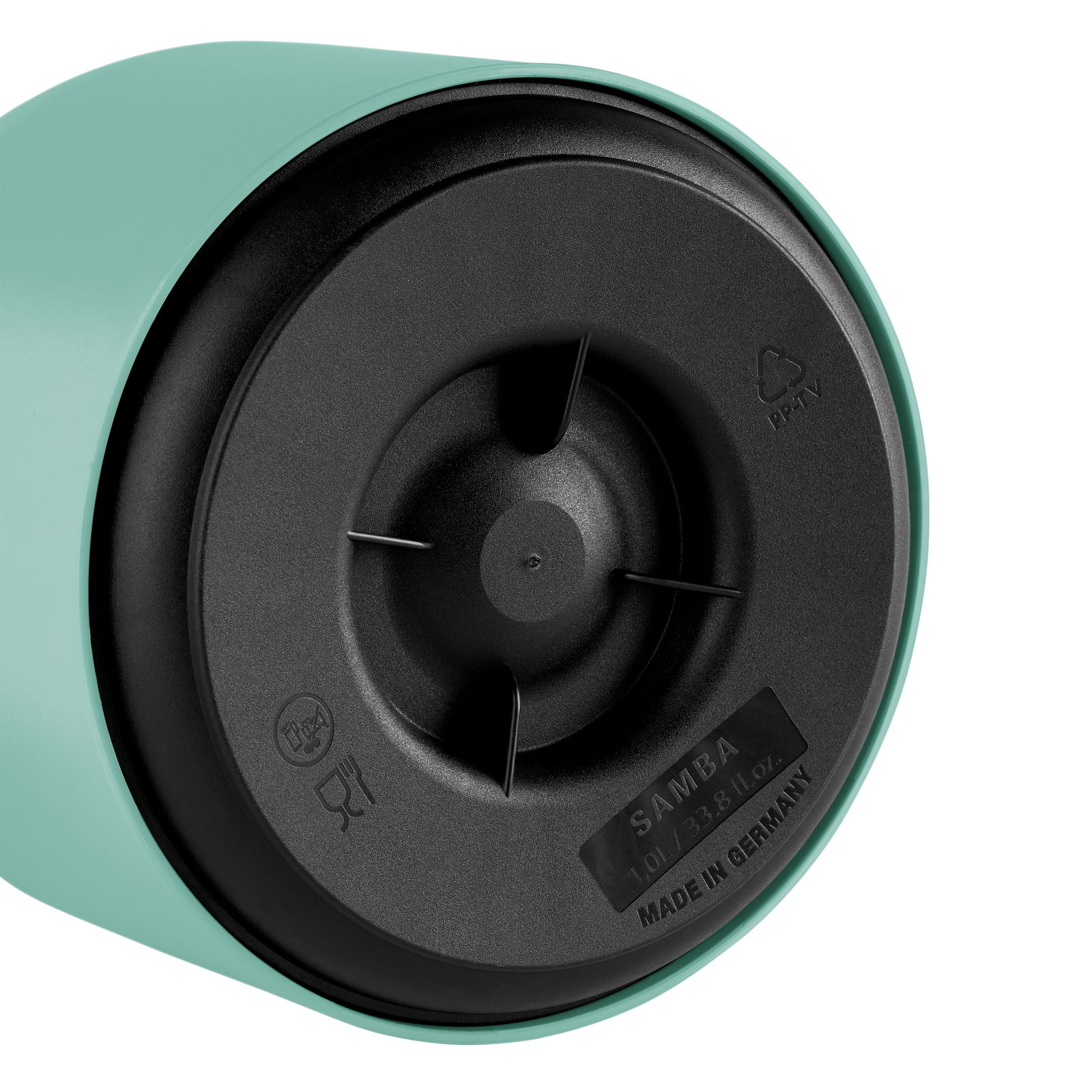 Bodenansicht einer grünen Emsa Isolierkanne der Serie SAMBA mit schwarzem Boden und Prägung 'Made in Germany'.