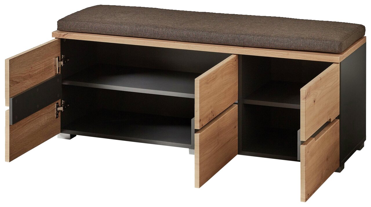 XL-Garderobenbank mit gepolstertem Sitzkissen, offene Türen, Frontansicht