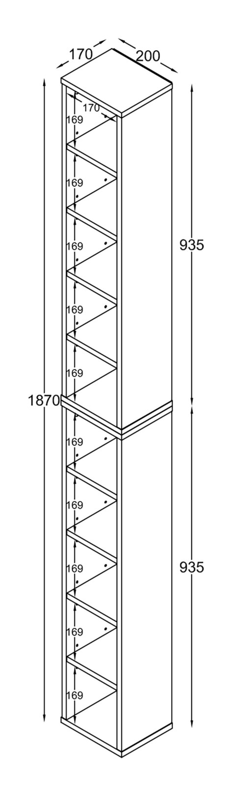Technische Strichzeichnung eines schmalen, hohen Regalschranks mit offenen Fächern, in schräger 3D-Ansicht von vorn links; Maße ca. 1870 mm Höhe, 200 mm Breite und 170 mm Tiefe, Fachabstände 169 mm.