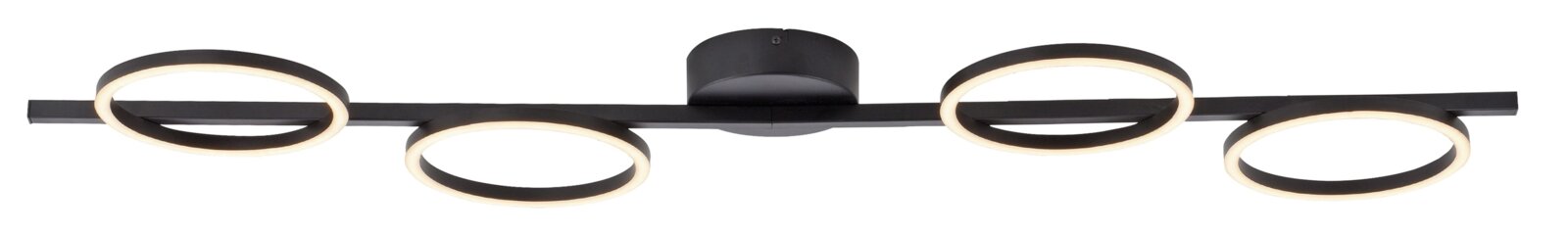 Moderne schwarze LED-Deckenleuchte mit vier ringförmigen Lichtkreisen an einer langen Schiene, frontal von unten in der Draufsicht auf die Unterseite fotografiert