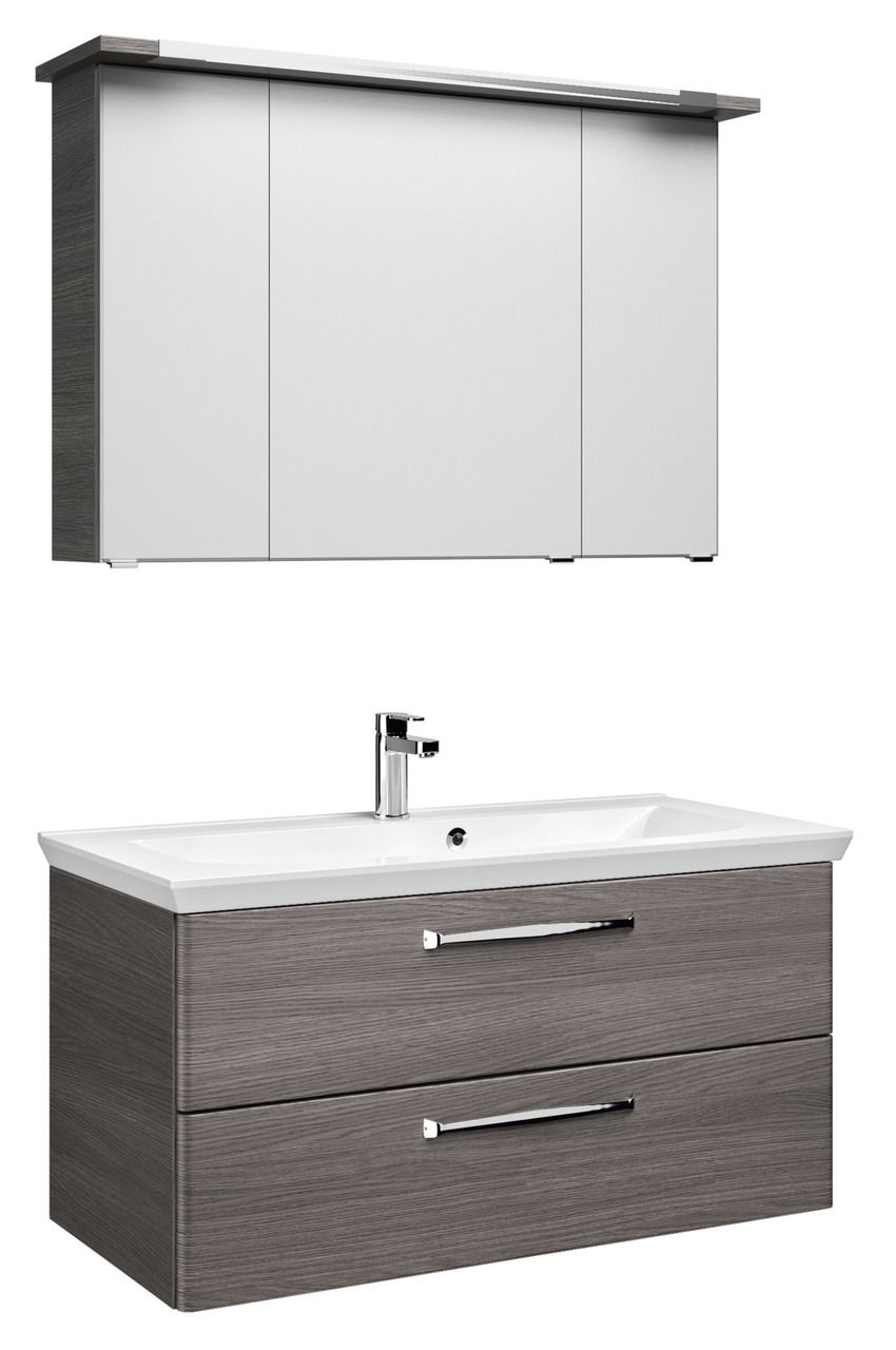 Moderner Badblock mit weißem Spiegelschrank und grauem Waschtisch, Frontansicht