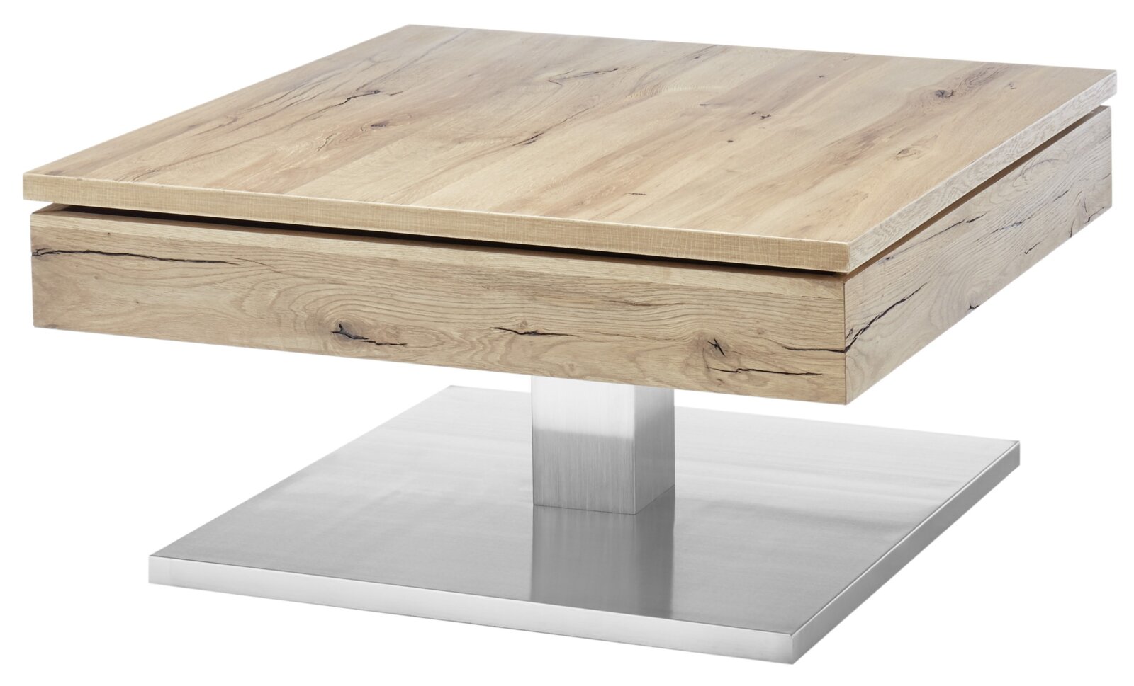 Moderne houten salontafel met vierkant tafelblad en metalen onderstel, zijaanzicht