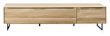 Frontansicht eines großen TV-Lowboards aus hellem Holz mit schwarzen Metallbeinen.
