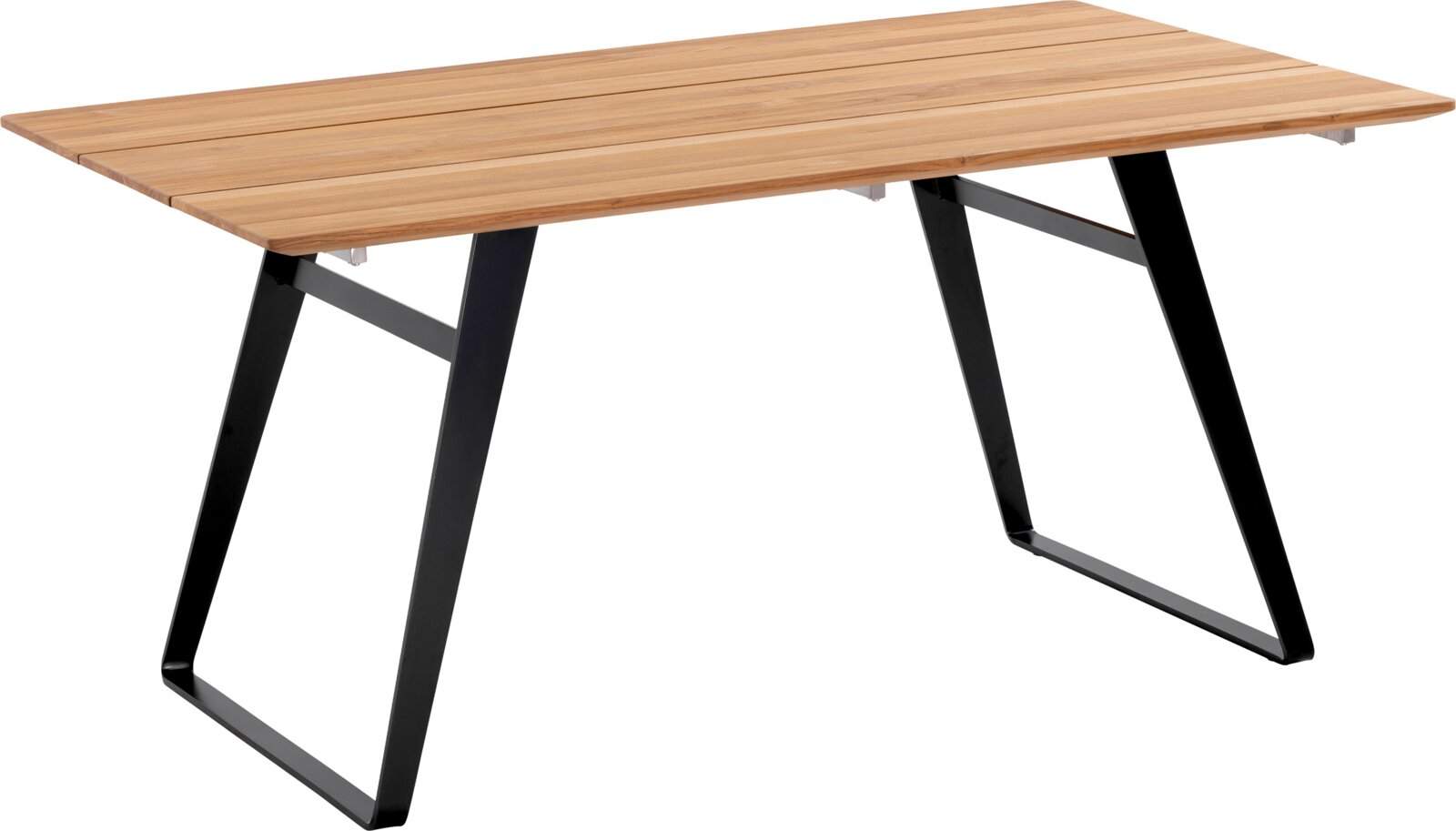 Rechteckiger Tisch mit naturfarbener Holzplatte aus breiten Lamellen und schwarzen Metall-Kufenbeinen, freigestellt vor weißem Hintergrund, perspektivische Ansicht schräg von oben