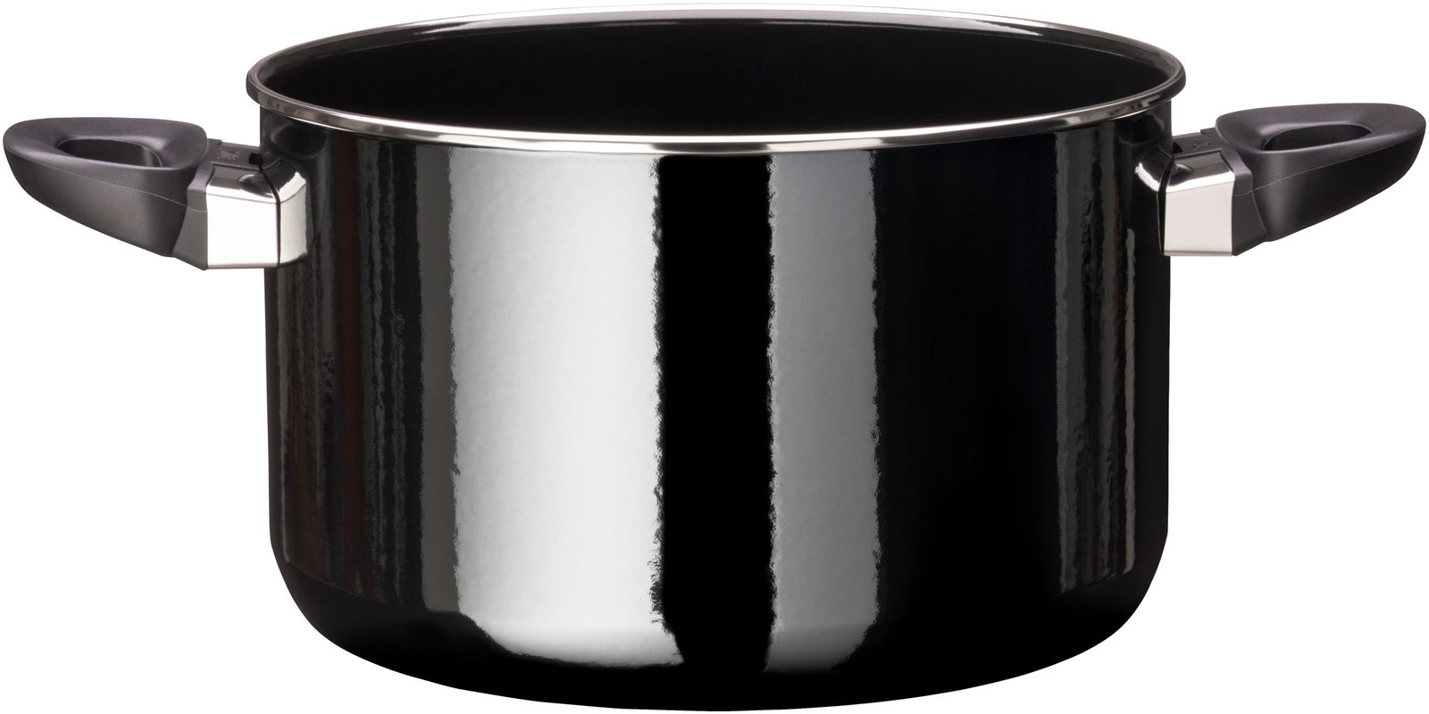 Schwarzer Kochtopf aus der Modesto Line mit zwei Griffen, seitliche Perspektive
