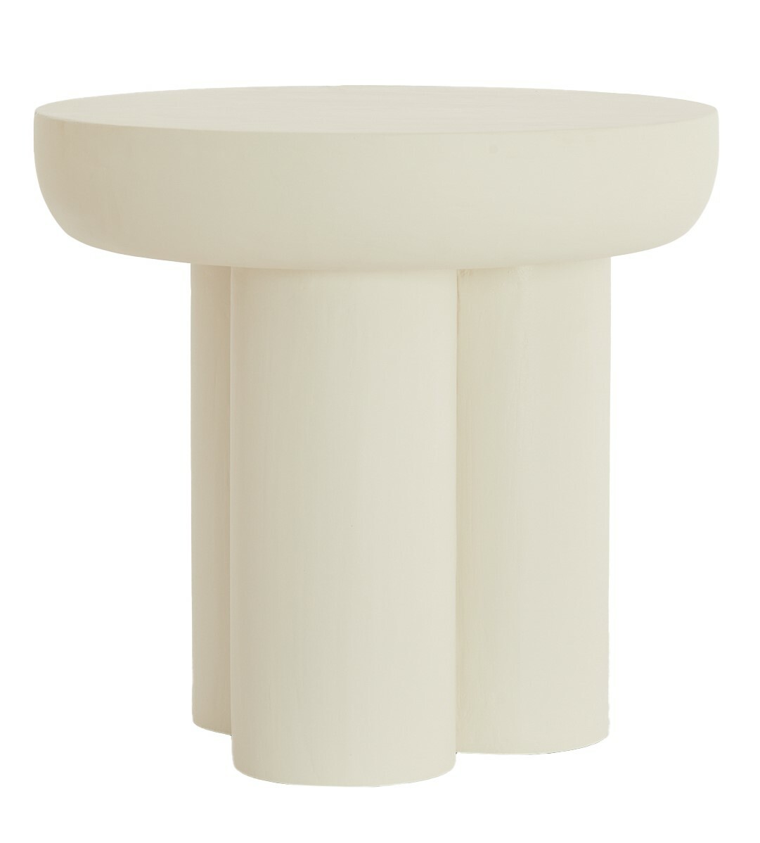 Moderner, cremefarbener Beistelltisch mit runder Tischplatte und drei zylindrischen Beinen, seitliche Perspektive.