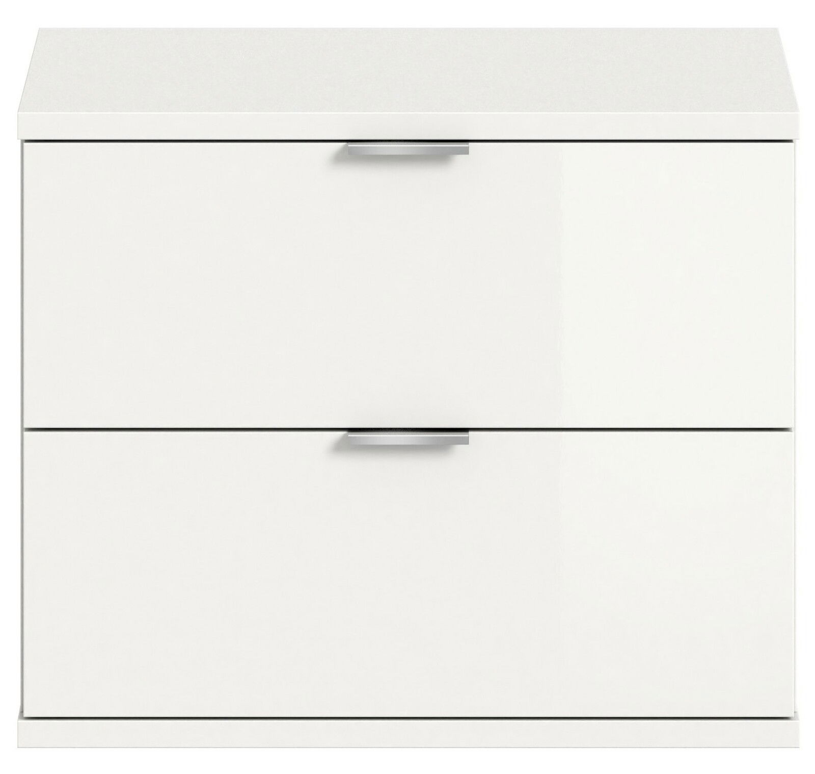 Weiße Sitzbank oder Kommode mit zwei Schubladen, frontale Ansicht