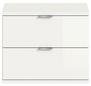 Weiße Sitzbank oder Kommode mit zwei Schubladen, frontale Ansicht