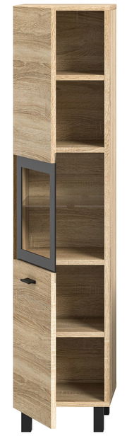 Moderner Badschrank aus Holz mit offenen und geschlossenen Fächern, Frontansicht