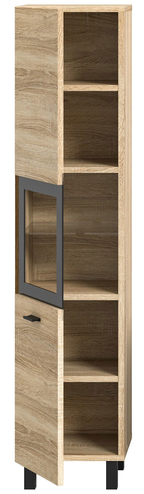 Moderner Badschrank aus Holz mit offenen und geschlossenen Fächern, Frontansicht