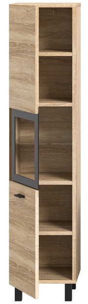 Moderner Badschrank aus Holz mit offenen und geschlossenen Fächern, Frontansicht