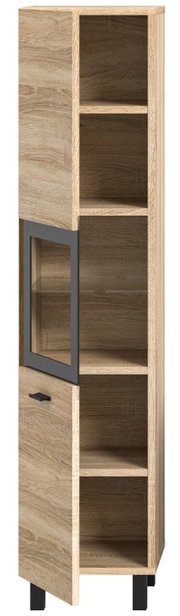 Moderner Badschrank aus Holz mit offenen und geschlossenen Fächern, Frontansicht