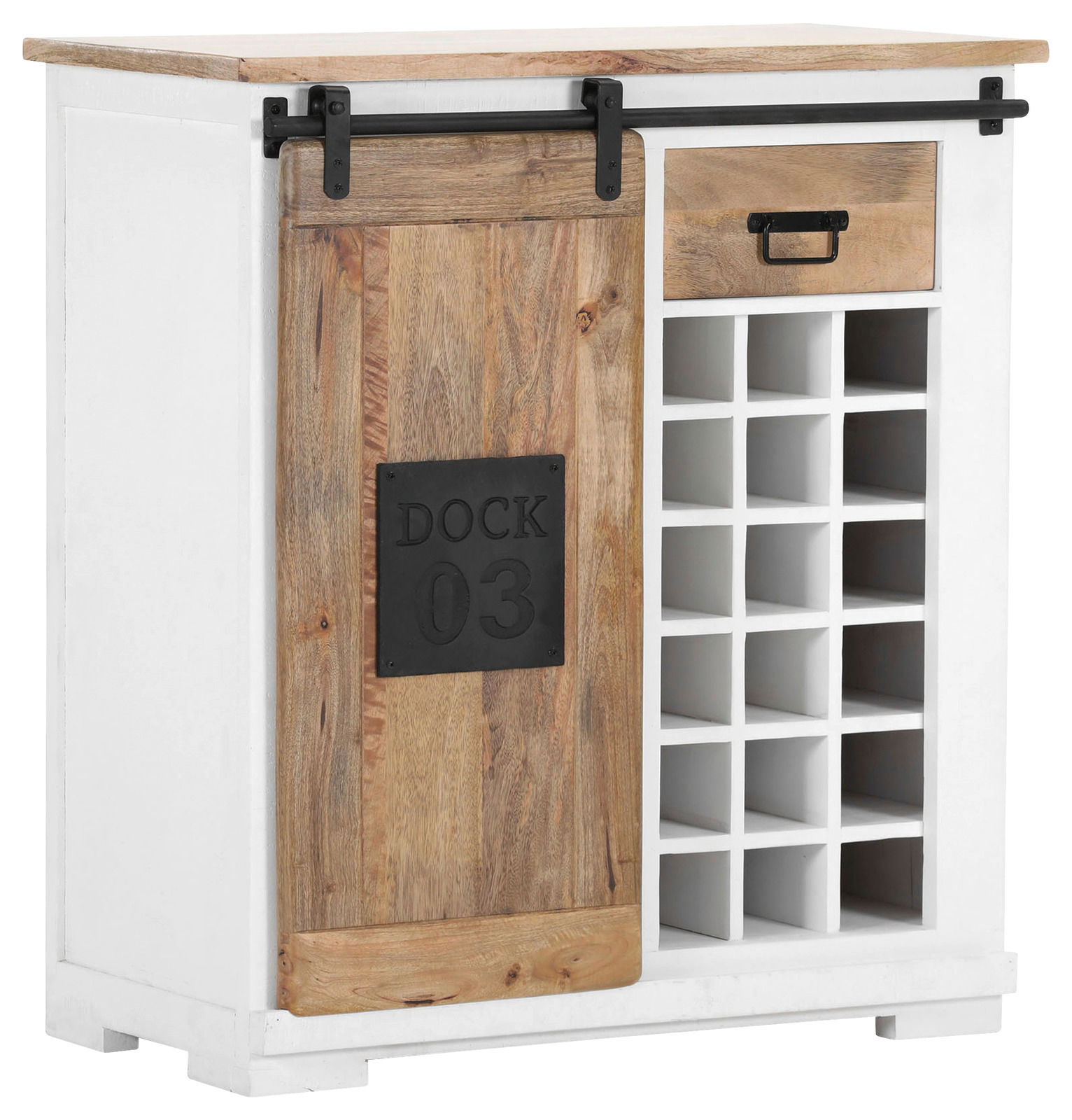 Weißes Weinregal mit Holzschiebetür und 15 Flaschenfächern, seitliche Perspektive