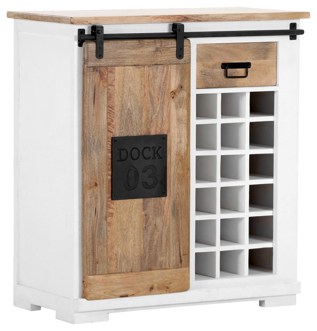 Z2 Weinregal DOCK 03 Weißes Weinregal mit Holzschiebetür und 15 Flaschenfächern, seitliche Perspektive