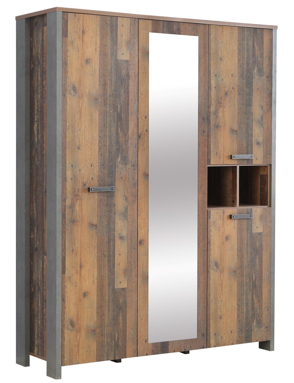 Drehtürenschrank 3-türig in Holzoptik mit Spiegel in Frontalansicht