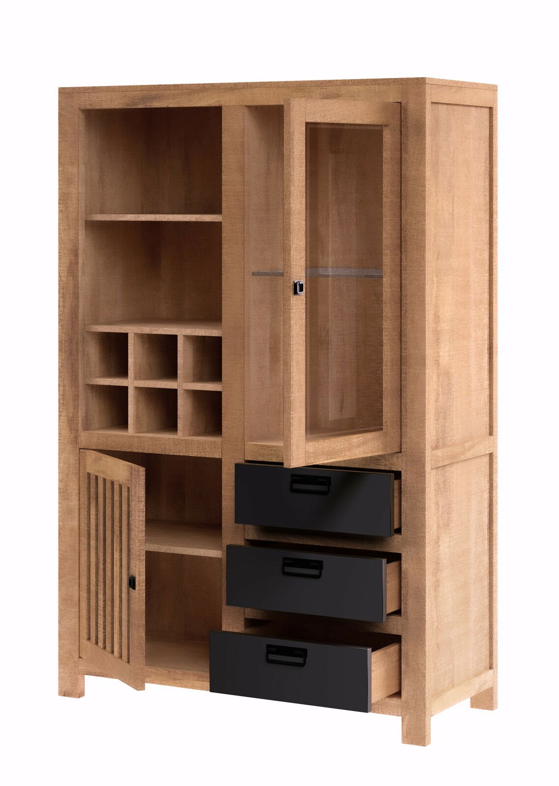 Hochwertiges Highboard aus Holz mit offenen Regalen, Glastür und schwarzen Schubladen, Perspektive von vorne.