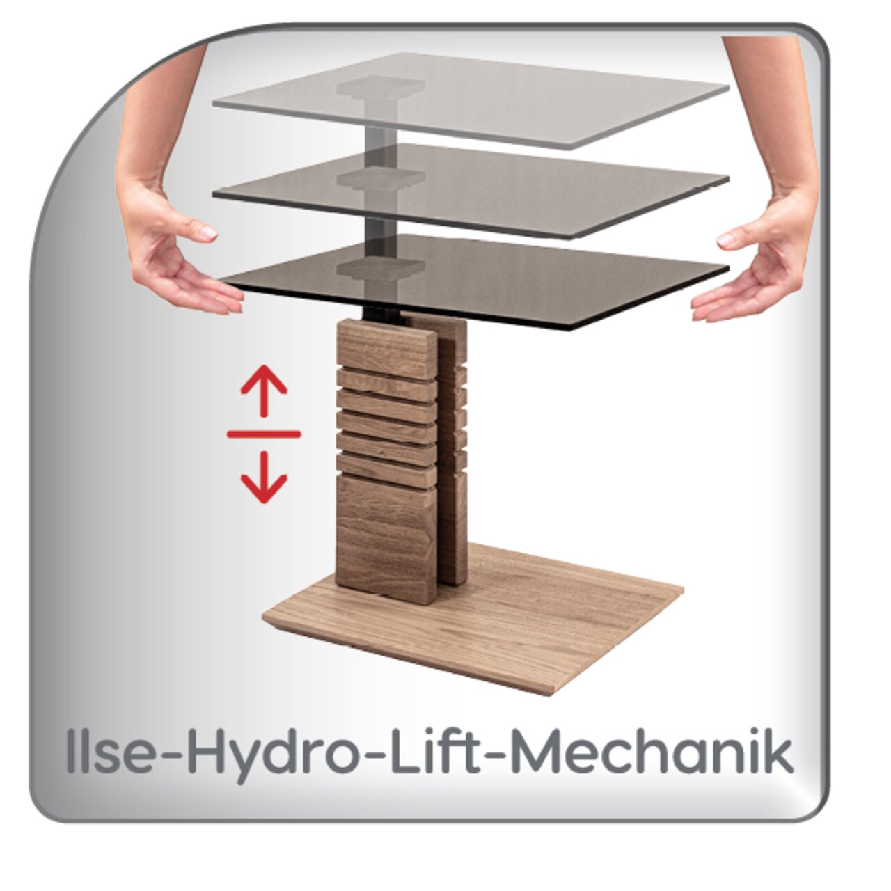 In hoogte verstelbare salontafel met Ilse Hydro-Lift-mechanisme, zijaanzicht