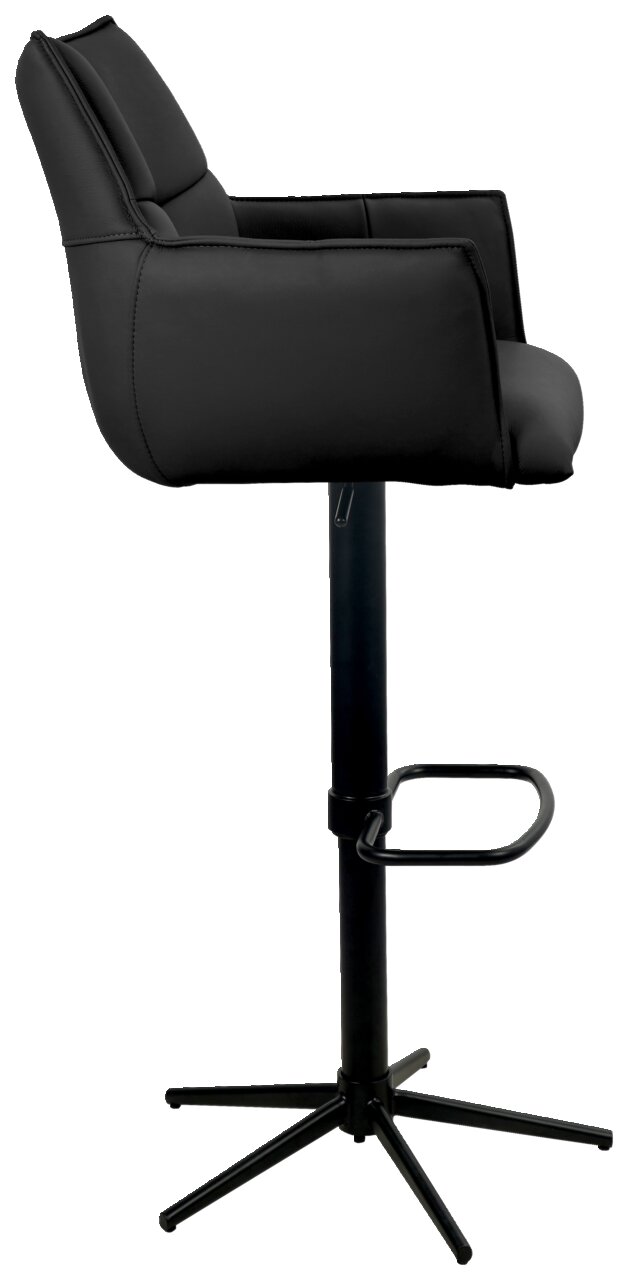 Schwarzer Barstuhl aus seitlicher Perspektive mit gepolsterter Rückenlehne und Armlehnen, höhenverstellbarem Standfuß und Fußstütze.