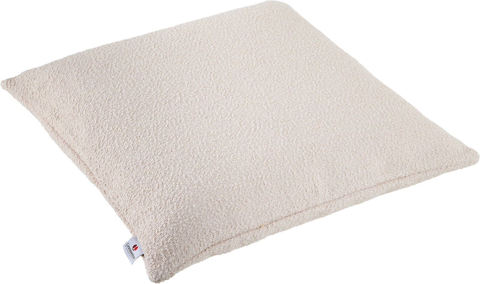 Linneweber Outdoor Kissen COMFORT Beiges Outdoor-Kissen in Nahaufnahme, rechteckig, mit strukturierter Oberfläche und Etikett an der Seite, perspektivisch von oben fotografiert.