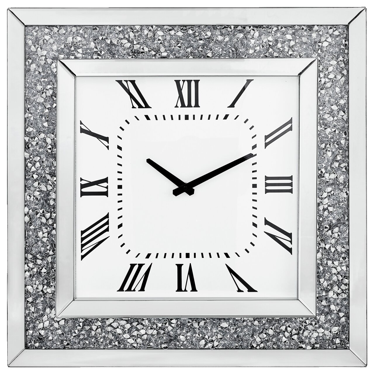 Quadratische Wanduhr mit römischen Ziffern und glitzerndem Rahmen, Frontalansicht
