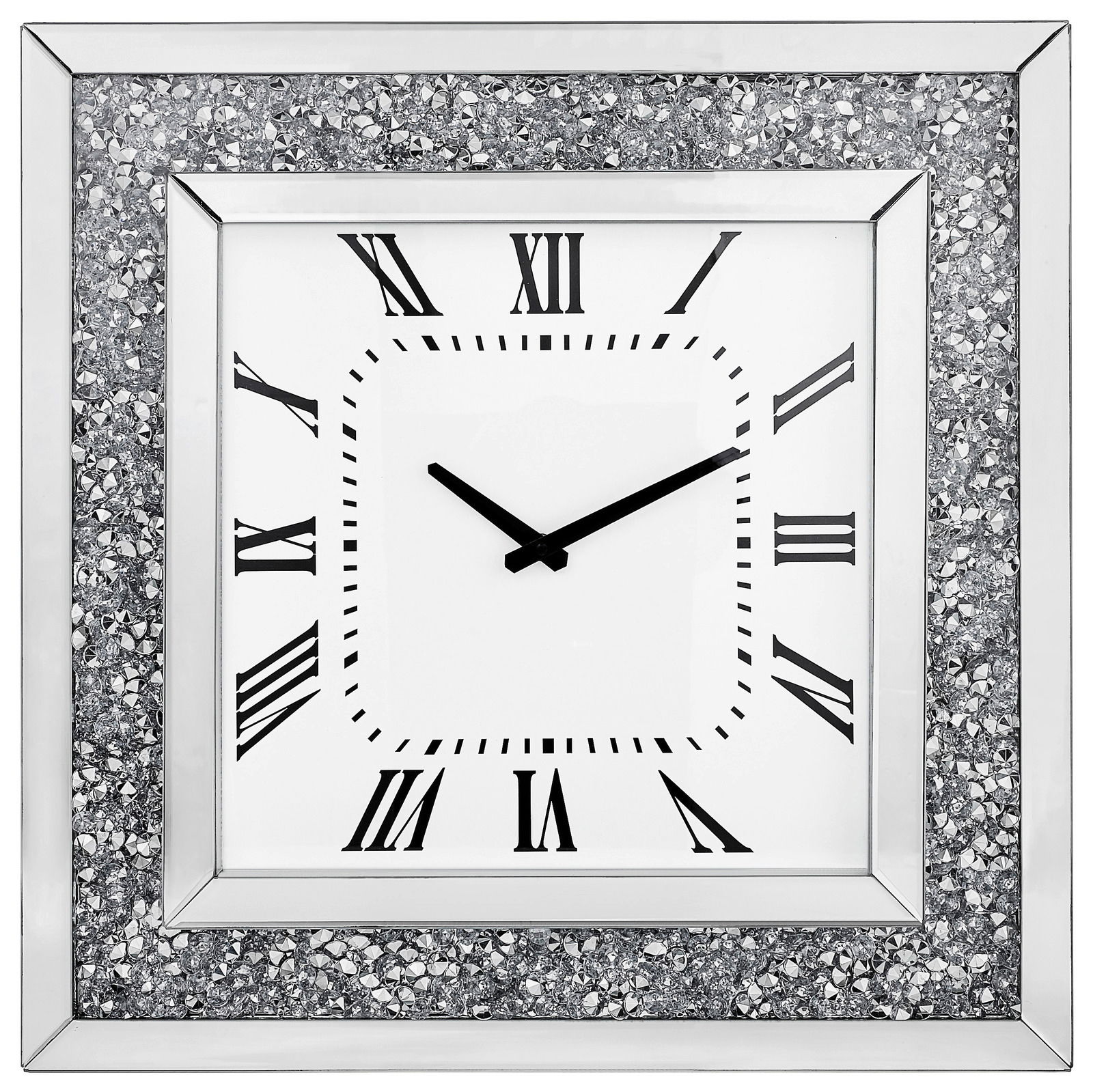 Quadratische Wanduhr mit römischen Ziffern und glitzerndem Rahmen, Frontalansicht