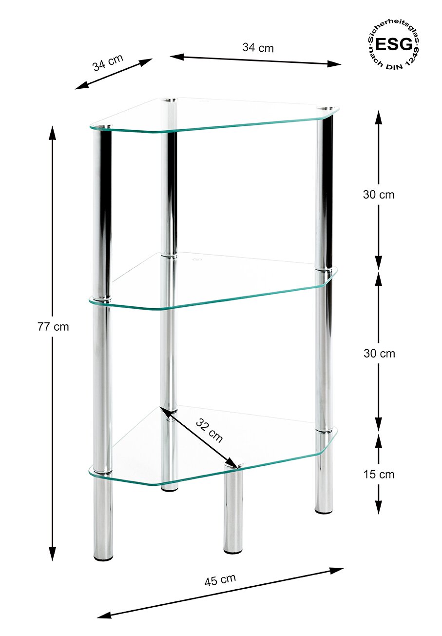 Modernes dreistöckiges Glasregal/Beistelltisch mit drei klaren Sicherheitsglas-Ablagen und verchromten Metallrohren, Maße ca. 77 cm hoch, 45 cm breit und 34 cm tief, freigestellt in frontaler Perspektive mit leicht schräger Draufsicht.