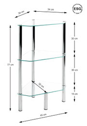 Modernes dreistöckiges Glasregal/Beistelltisch mit drei klaren Sicherheitsglas-Ablagen und verchromten Metallrohren, Maße ca. 77 cm hoch, 45 cm breit und 34 cm tief, freigestellt in frontaler Perspektive mit leicht schräger Draufsicht.