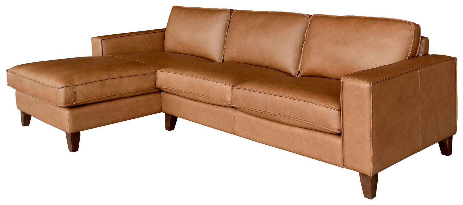 Braunes Ledersofa mit Longchair links, Perspektive von vorne links