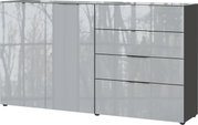 Modernes XL-Sideboard mit Hochglanzoberfläche, zwei Türen und vier Schubladen, seitliche Perspektive